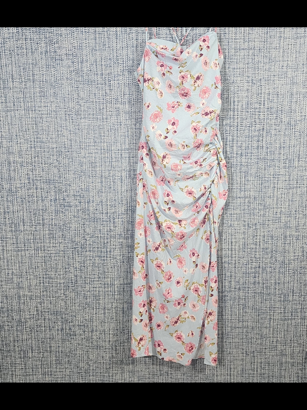 Zara Floral Linen Blend Cowl Neck Midi Dress Medium Blue Pink Ruched Slit Backle